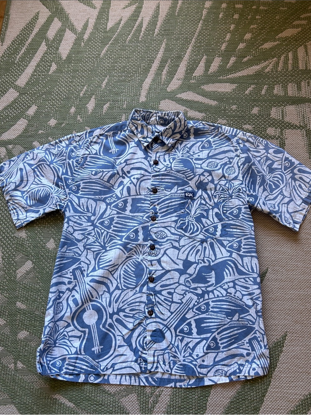 RIX Blue Island Print Short-Sleeve 100% Cotton Aloha Shirt size L